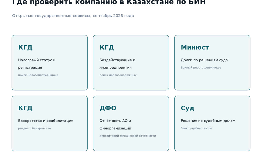 Где проверить компанию в Казахстане по БИН: налоговый статус и неблагонадёжность на портале КГД, долги в Едином реестре должников Минюста, банкротство на сайте КГД, отчётность в депозитарии финансовой отчётности, судебные акты в Судебном кабинете
