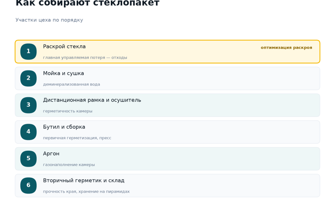 Этапы сборки стеклопакета: раскрой стекла, мойка и сушка, дистанционная рамка с осушителем, нанесение бутила и сборка на прессе, заполнение аргоном, вторичная герметизация и склад