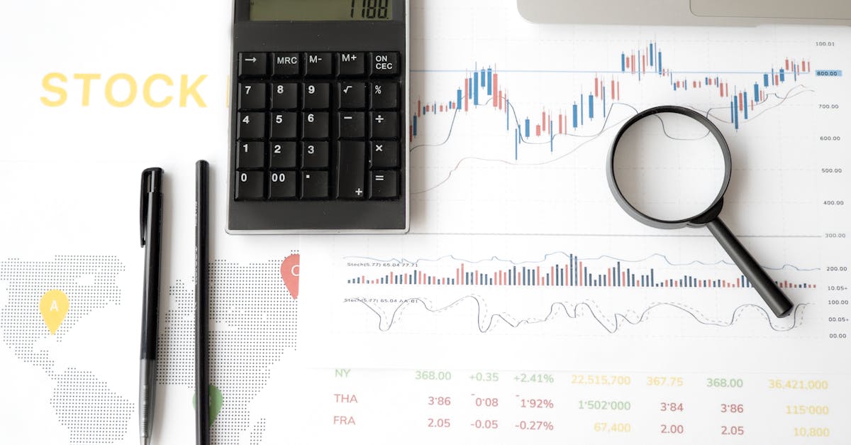Финансовые услуги 1 Flat lay of stock market analysis tools including calculator, graphs, and magnifying glass.