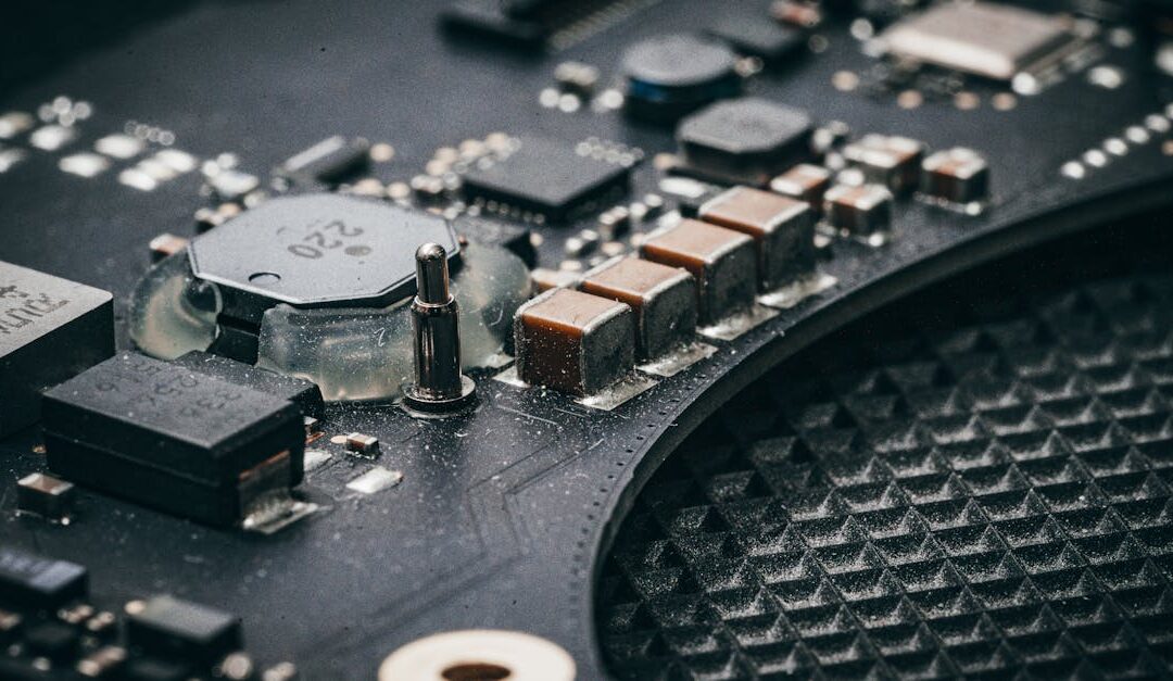 Detailed macro shot of an electronic circuit board showcasing various components.