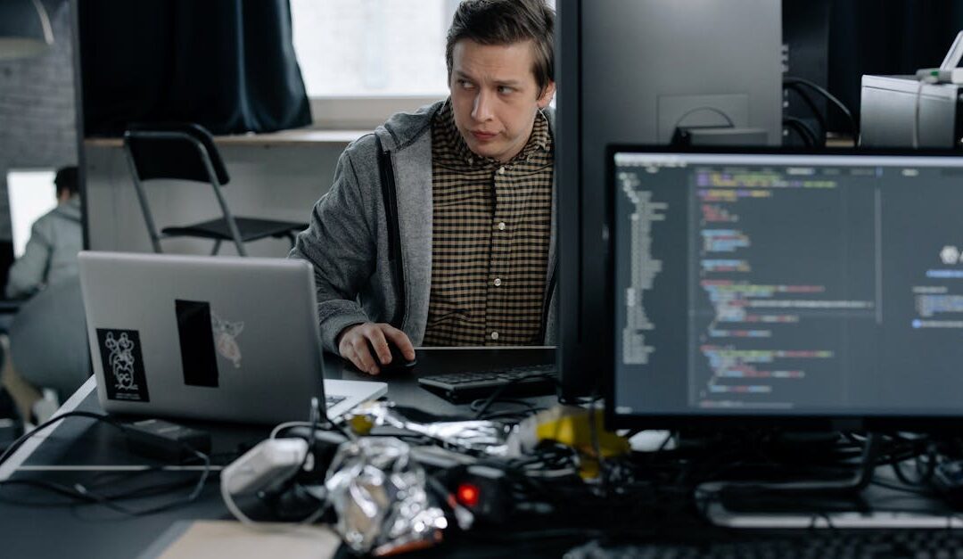 A programmer in a modern office working on computer code, showcasing a focused work environment.