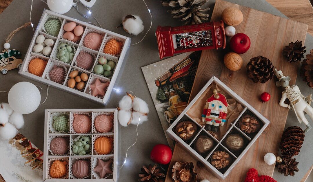 Top view of Christmas decorations and gift boxes, perfect for the holiday season.