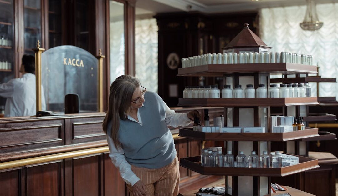 A pharmacist helps a customer in an old-fashioned pharmacy with wooden decor and vintage aesthetic.