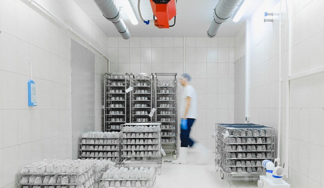 Blurred worker in a cold storage facility with shelves of perishable goods, emphasizing motion and efficiency.