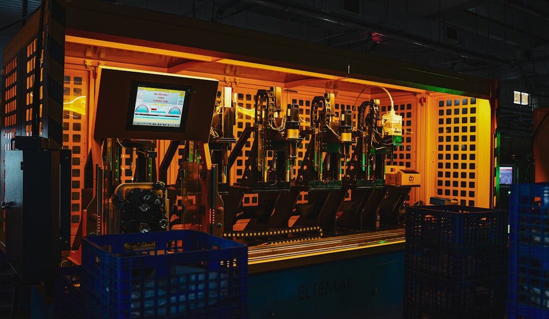 A complex piece of machinery in a dark industrial setting with vibrant lighting.