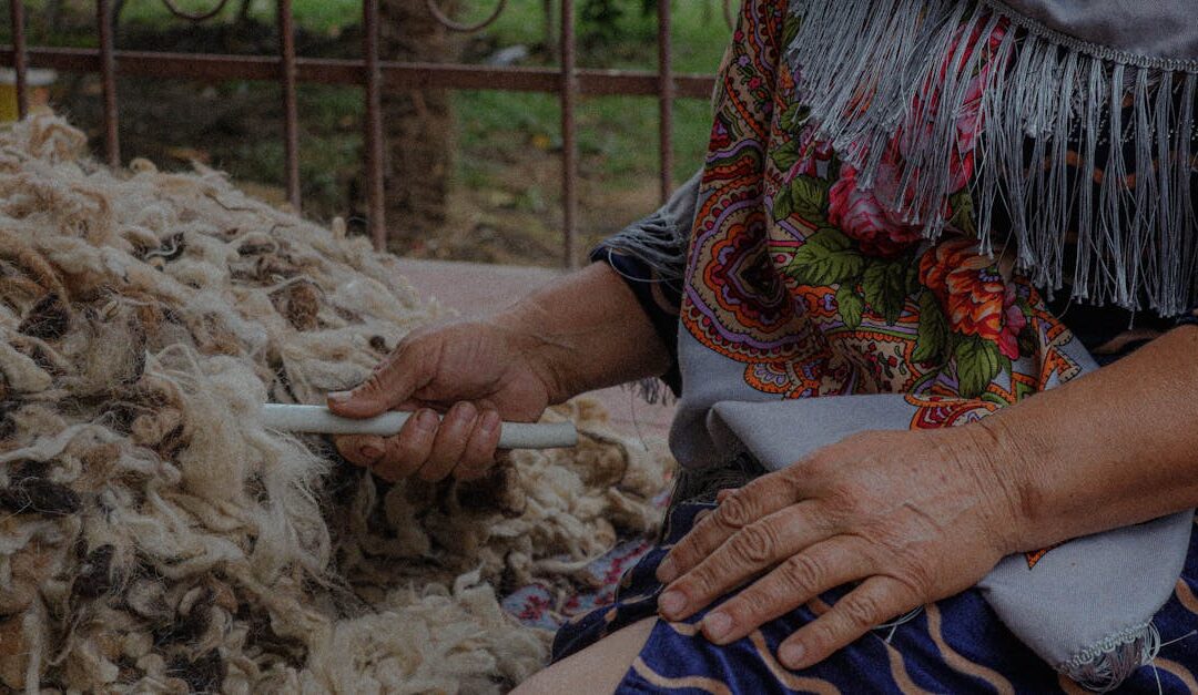 Detailed view of an artisan processing wool by hand, showcasing traditional techniques.