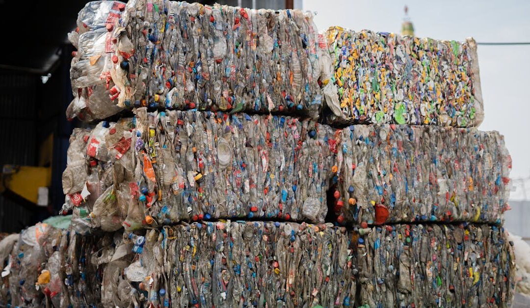 Stacked compressed plastic bottles at a recycling facility, ready for processing.