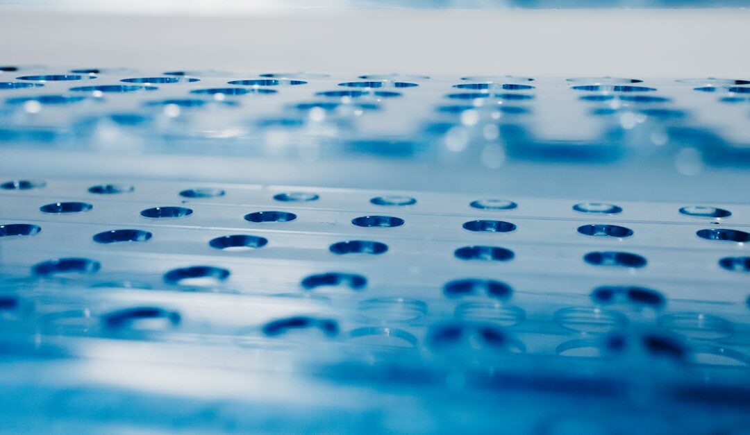 Detailed view of a blue laboratory test tube rack illustrating science and research themes.