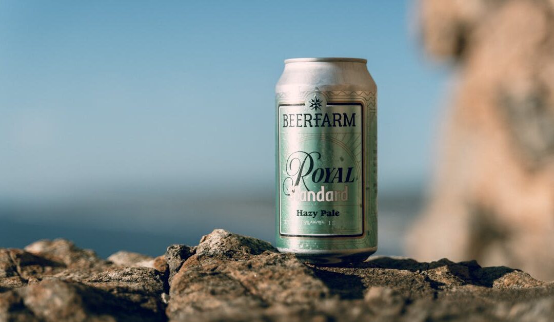 Canned Beerfarm Royal Standard on rocks, blurred background, selective focus.