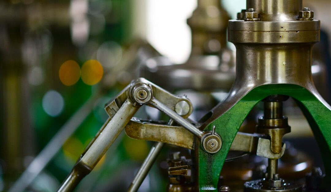 Detailed view of mechanical components in an industrial setting, showcasing metal gears and levers.