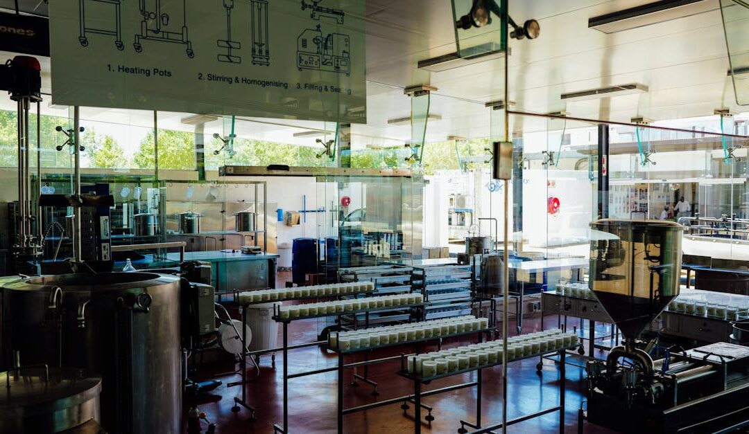 Spacious and modern food production plant interior with industrial machinery and processing line.
