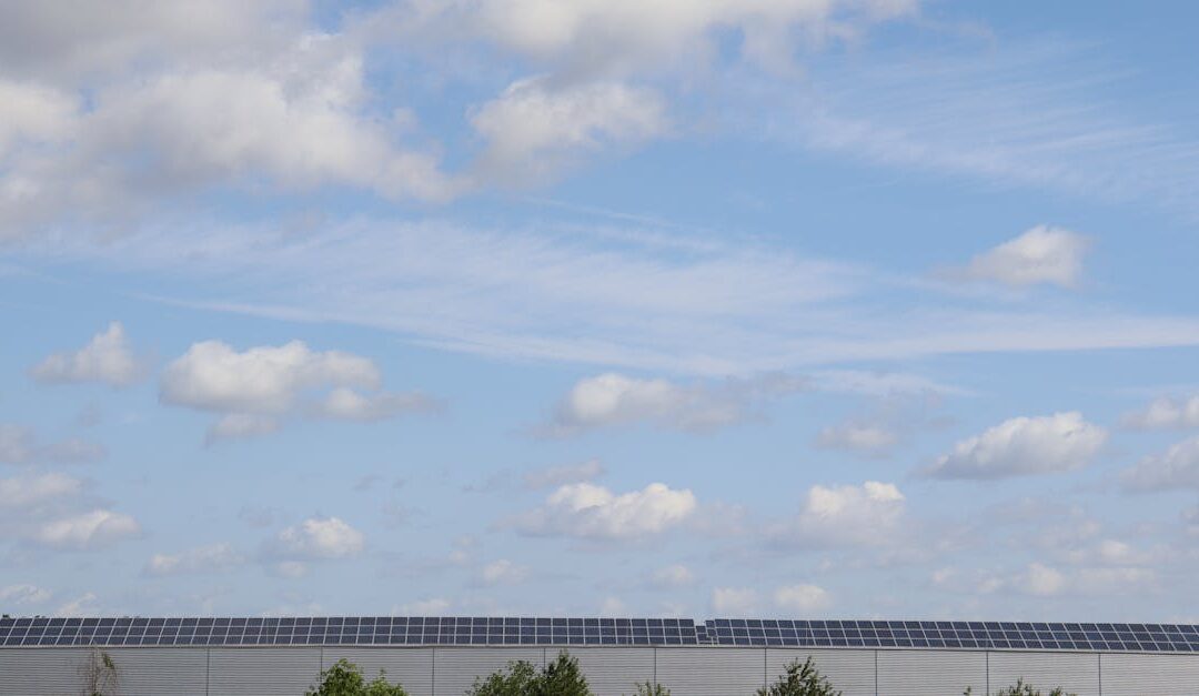 Warehouse roof adorned with solar panels beneath a bright blue sky.