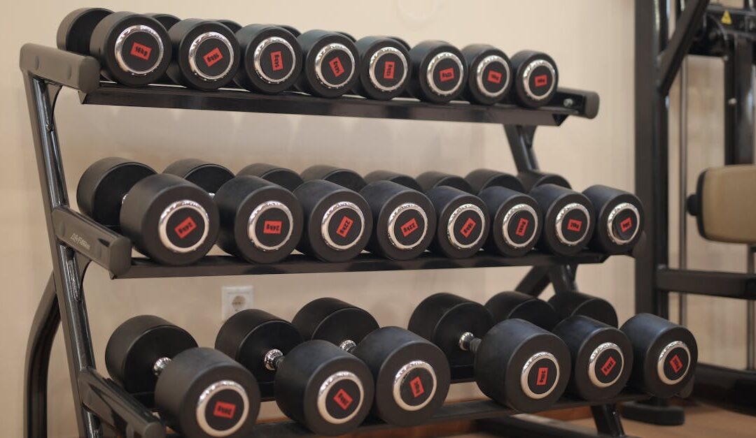 A neat arrangement of heavy dumbbells on a gym rack, ideal for workouts and strength training.