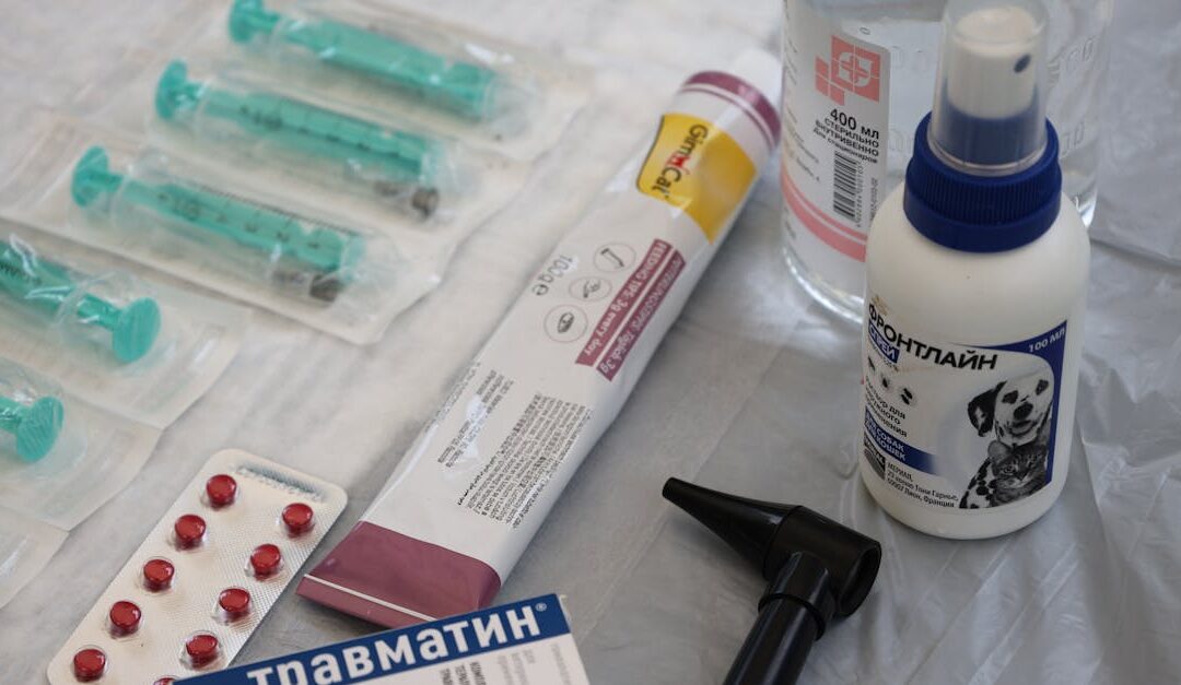 Veterinary medical supplies including syringes, pills, and spray displayed on a table.