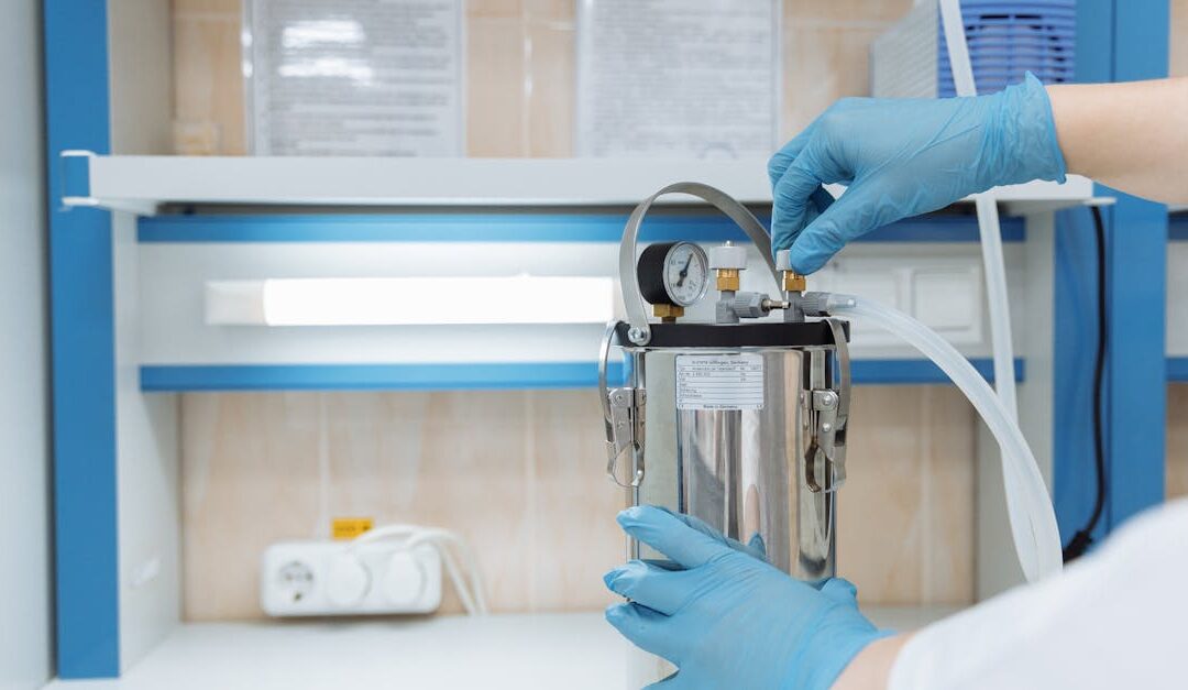 Scientist adjusting laboratory equipment with precision in a modern lab setting, wearing blue gloves.