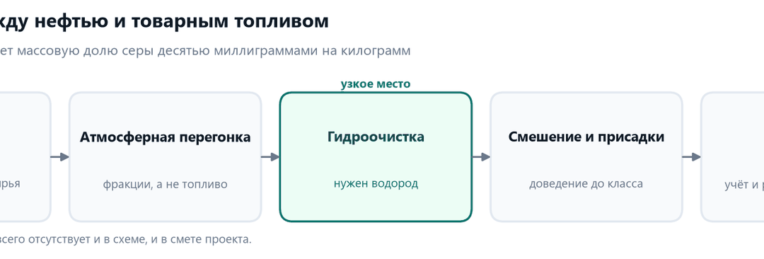 Схема пути от нефти к товарному топливу: перегонка, гидроочистка, смешение, отпуск