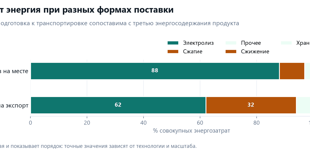 Распределение энергозатрат водородного проекта при поставке сжатого газа и при поставке сжиженного водорода