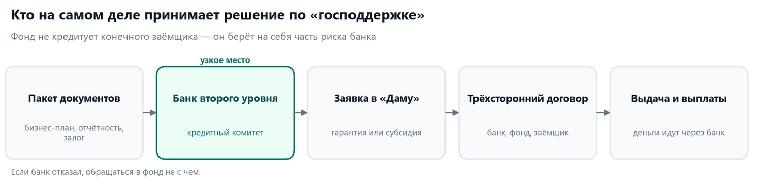 Гранты «Даму» для производственного бизнеса: чего нет и что есть 1 Схема маршрута заявки на господдержку: пакет документов, банк второго уровня как узкое место, заявка в Даму, трёхсторонний договор, выдача