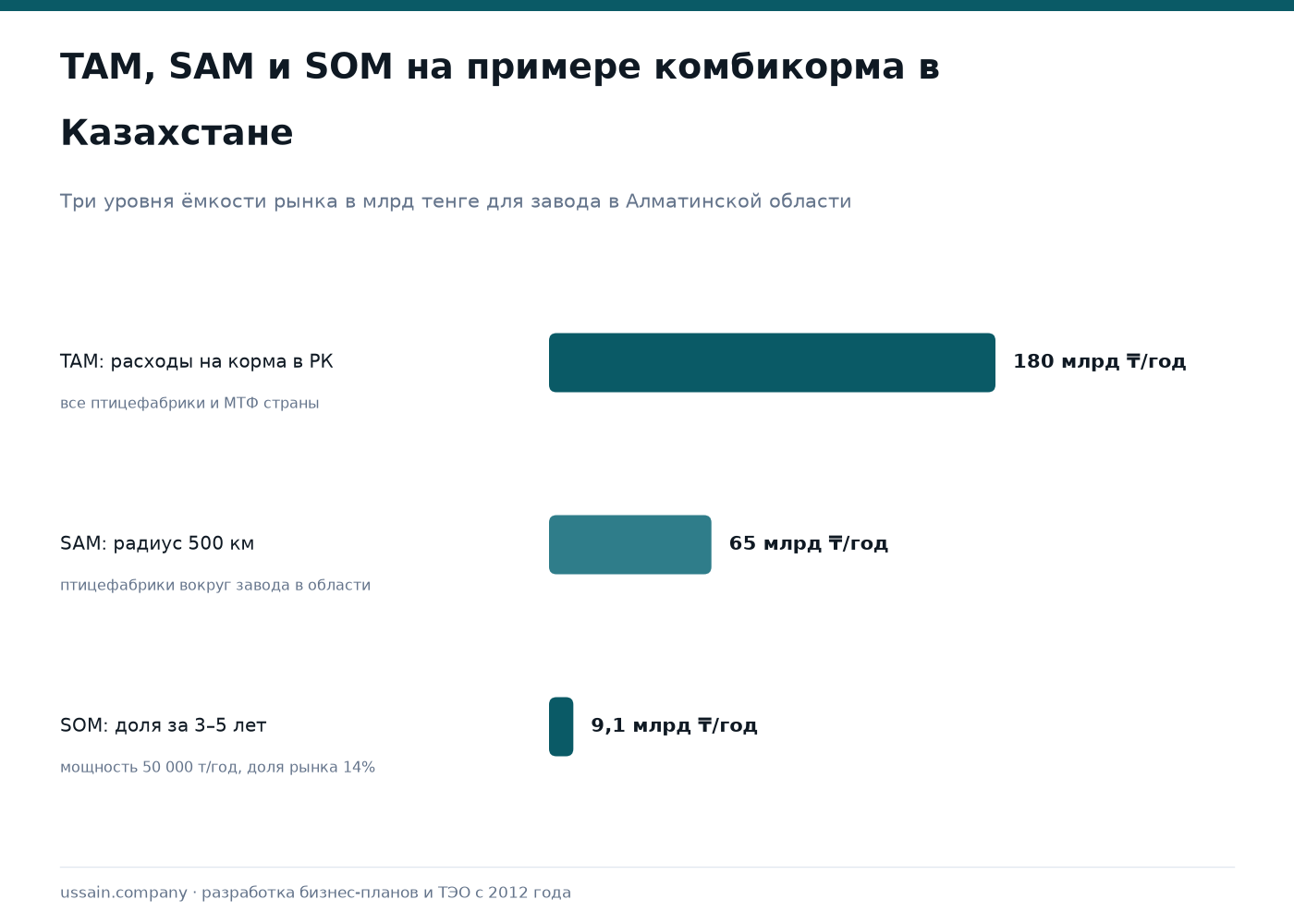 Сегментация рынка в Казахстане: TAM/SAM/SOM и профиль покупателя для ТЭО 1 Инфографика сегментации рынка РК: TAM 180 млрд ₸, SAM 65 млрд ₸, SOM 9,1 млрд ₸ для завода комбикормов
