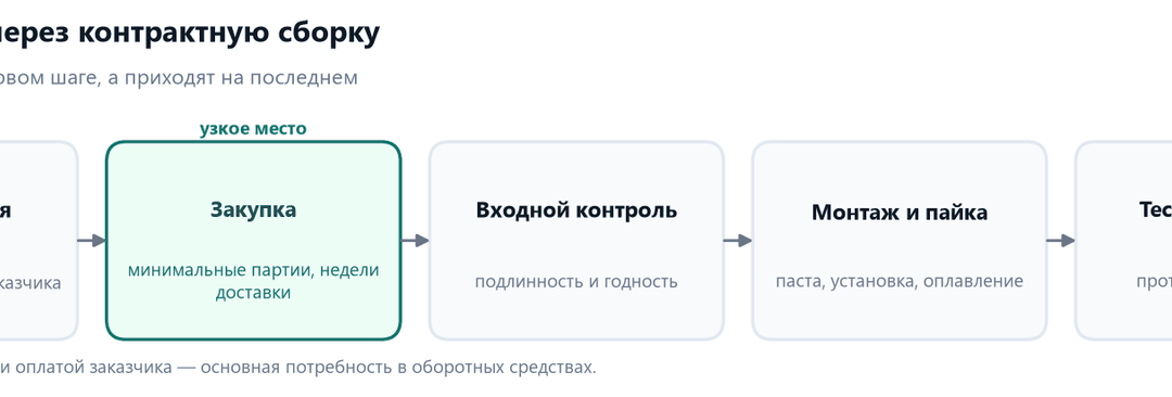 Схема пути партии через контрактную сборку электроники: спецификация, закупка компонентов, входной контроль, монтаж и пайка, тестирование и упаковка