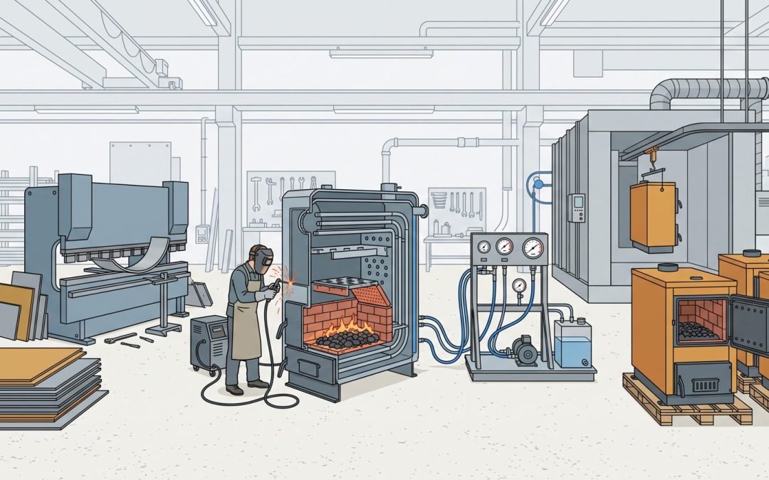 Изометрическая схема производства отопительных котлов: лазерный раскрой листа, листогиб, сварка теплообменника, стенд опрессовки, готовые котлы на паллетах
