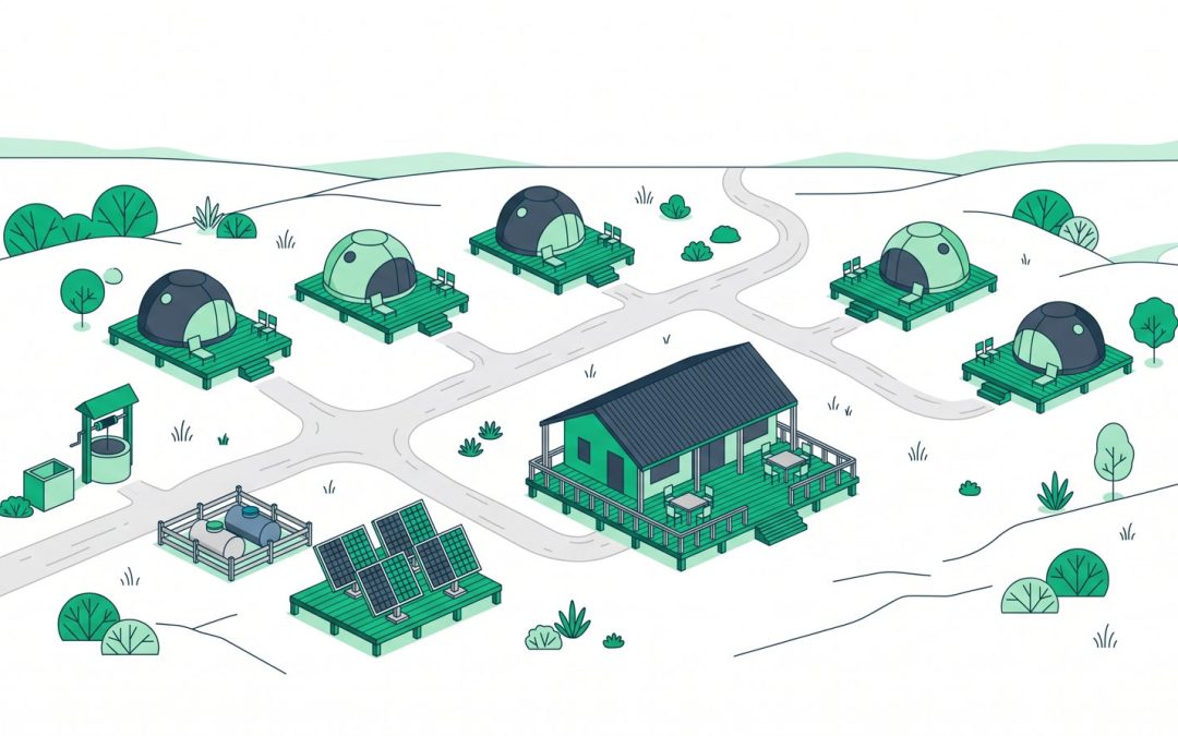 Изометрическая схема глэмпинга: купольные шатры на деревянных платформах, общий дом с террасой, грунтовая подъездная дорога, скважина и септик, солнечные панели