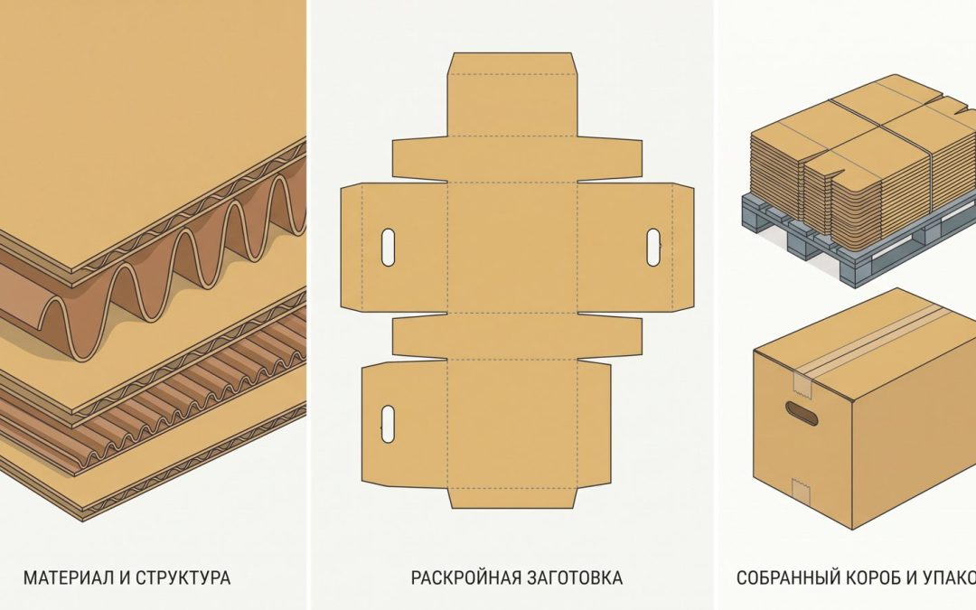 Разрез гофрокартона с двумя профилями волны, плоская раскройная заготовка четырёхклапанного короба с линиями рилёвки и собранный короб на паллете