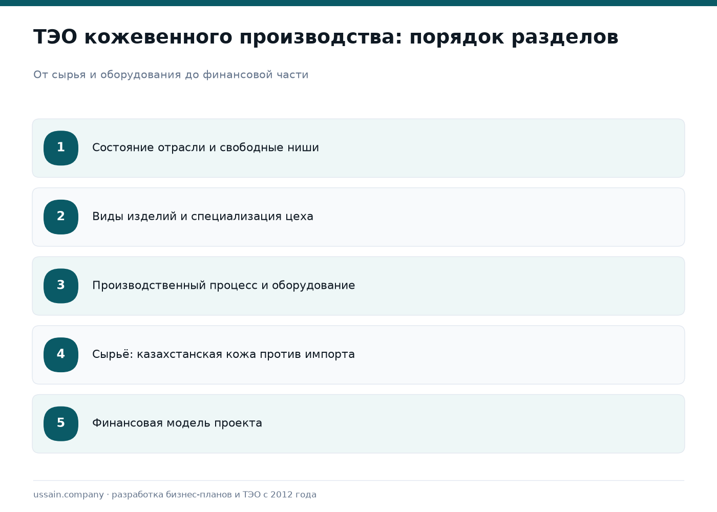 ТЭО производства кожаных изделий в Казахстане: обувь, сумки, ремни 1 Пять разделов ТЭО производства кожаных изделий: отрасль, изделия, оборудование, сырьё, финмодель