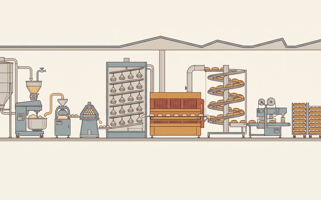 Разрез линии промышленной пекарни: силос муки, тестомесильная машина, тестоделитель, расстойный шкаф, тоннельная печь, спиральный охладитель и упаковка