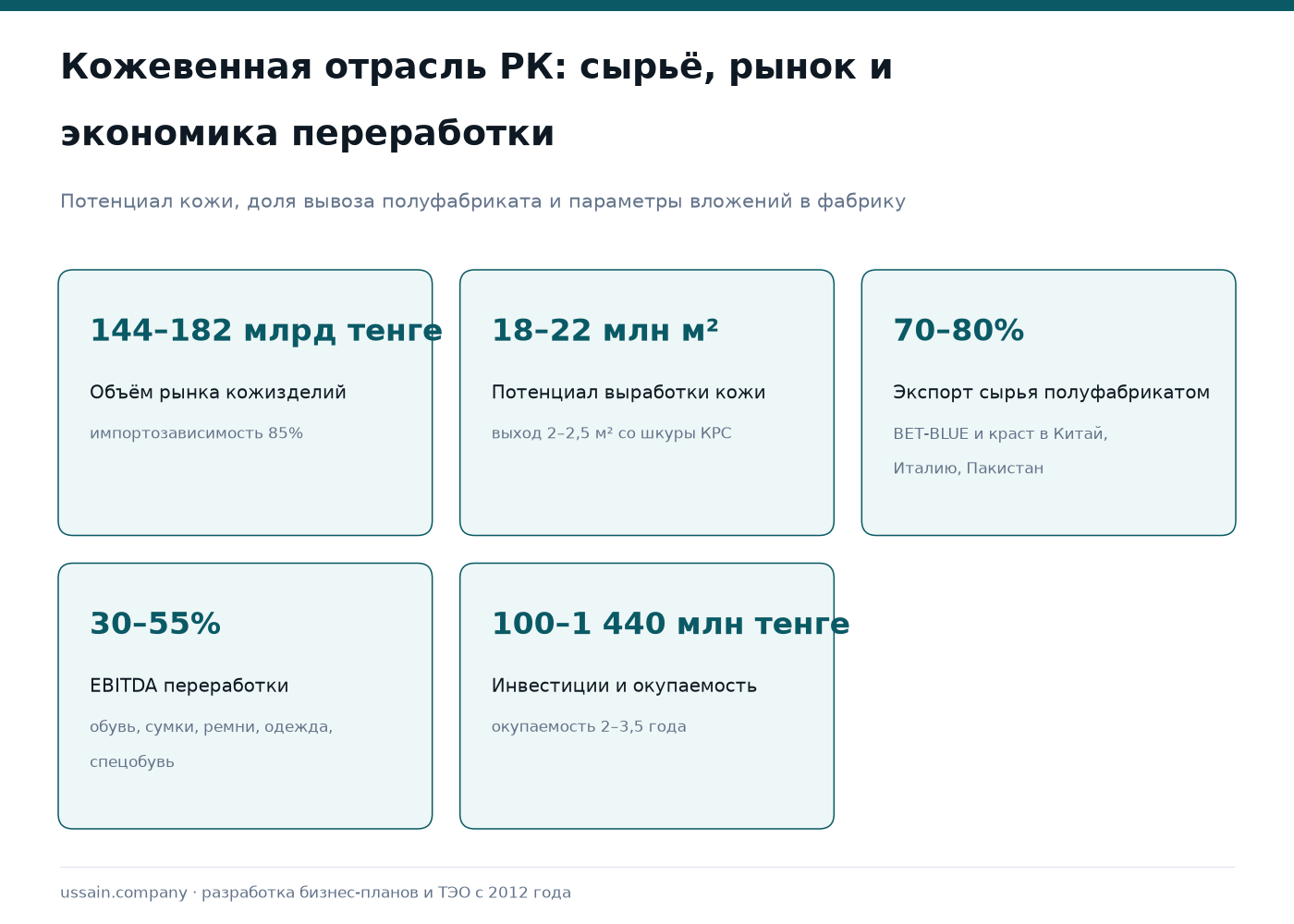 ТЭО производства кожаных изделий и обуви в Казахстане 1 Инфографика по кожевенной отрасли Казахстана: рынок 144–182 млрд тенге, вывоз сырья 70–80%, EBITDA 30–55%
