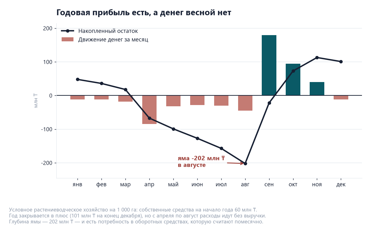 Бизнес-план в сельском хозяйстве: сезонный поток и субсидии 1 График сезонного денежного потока агропроекта: расходы с апреля по август без выручки, накопленный остаток падает до минус 202 млн тенге в августе, к декабрю выходит в плюс 101 млн