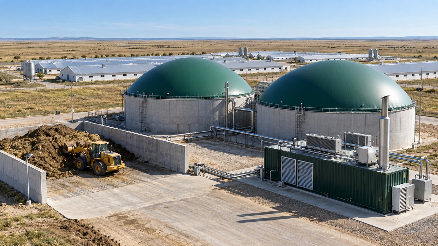 ТЭО производства биогаза и биоудобрений в Казахстане 2 Биогазовая установка при птицефабрике: два метантенка с зелёными куполами-газгольдерами, контейнерная когенерационная установка, площадка приёма помёта, на заднем плане корпуса птицефабрики и степь