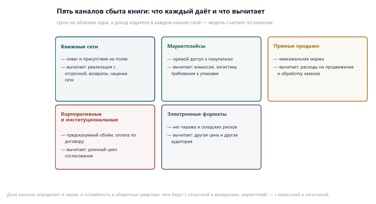 Издательский проект: отгруженный тираж ещё не выручка 2 Пять карточек каналов сбыта книги: книжные сети, маркетплейсы, прямые продажи, корпоративные заказы, электронные форматы — что даёт и что вычитает каждый