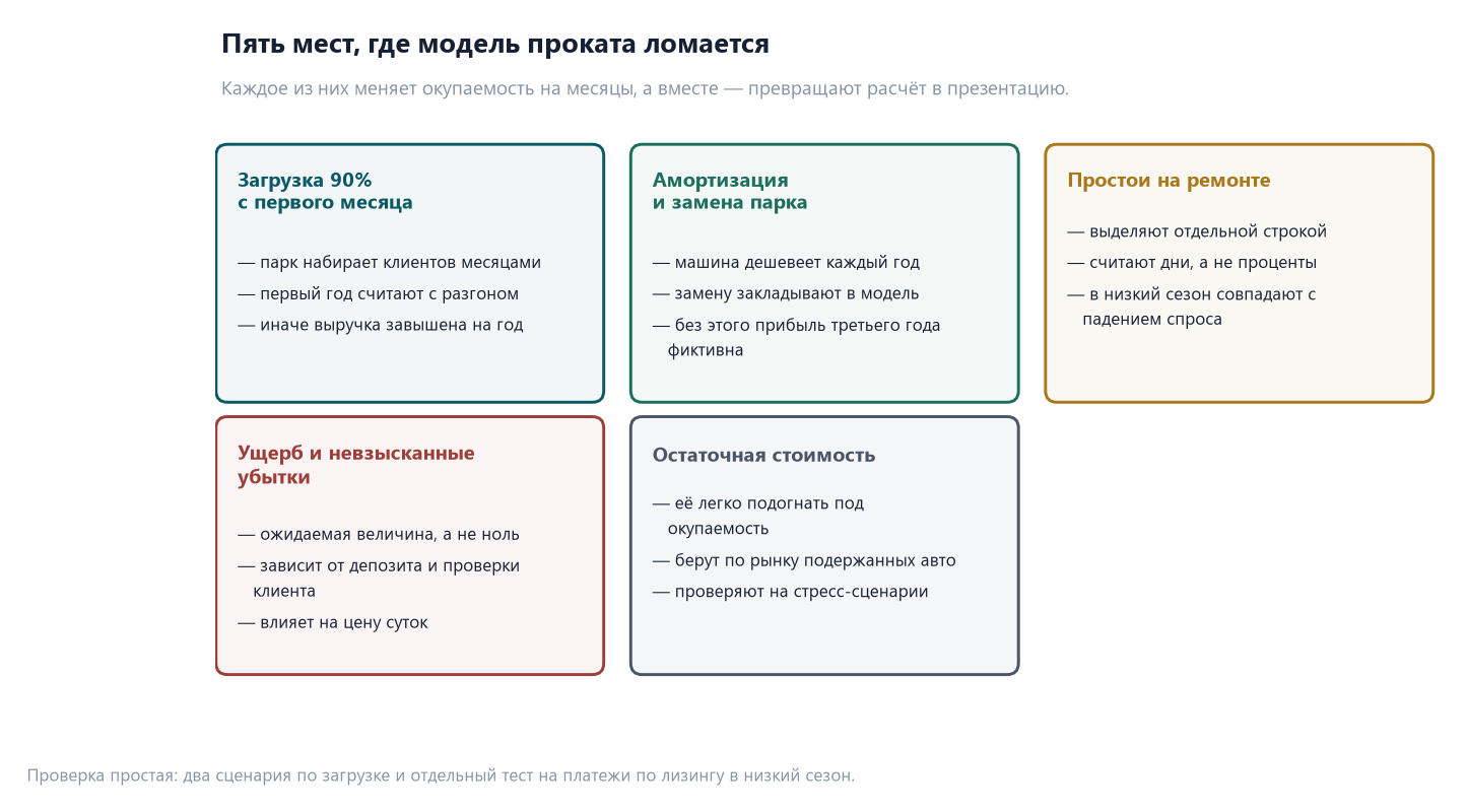 Бизнес-план проката автомобилей: расчёт парка под лизинг и банк 3 Пять карточек с ошибками в модели проката автомобилей: загрузка 90 процентов с первого месяца, отсутствие амортизации и замены парка, простои на ремонте, невзысканные убытки, завышенная остаточная стоимость